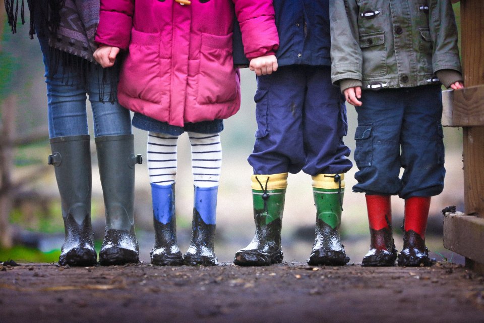 Children in muddy welly boots