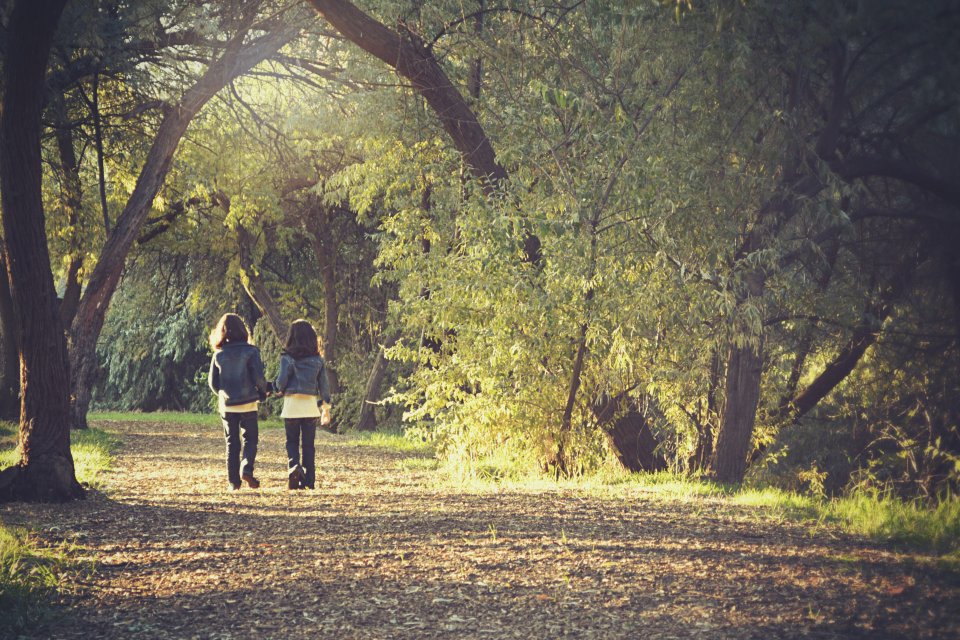 Two girls in matching clothes walking through a dappled wood